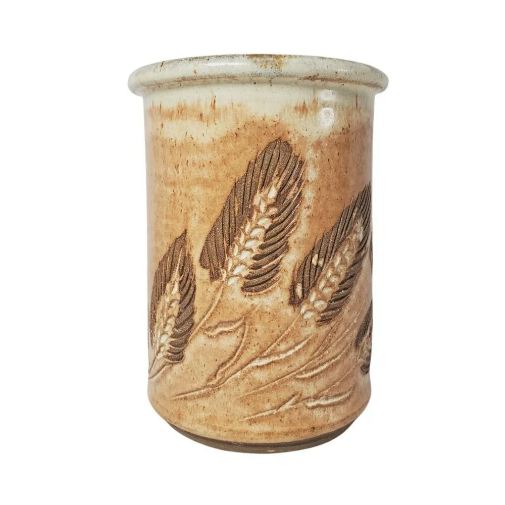 Stoneware Wheat Country Motif Vase/Beech Holder Artisan Studio Art 5.5